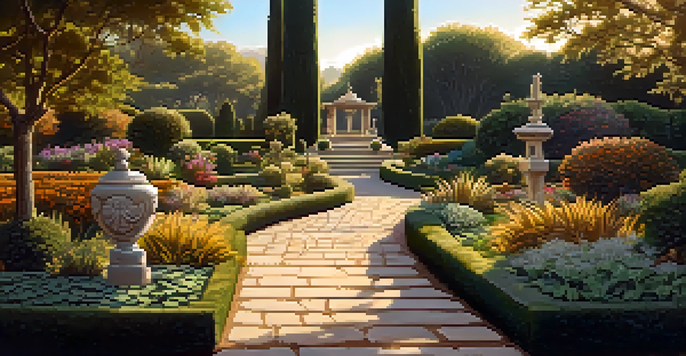 A tranquil garden with native plants and detailed stone sculptures, illuminated by golden sunlight, featuring winding pebble pathways.