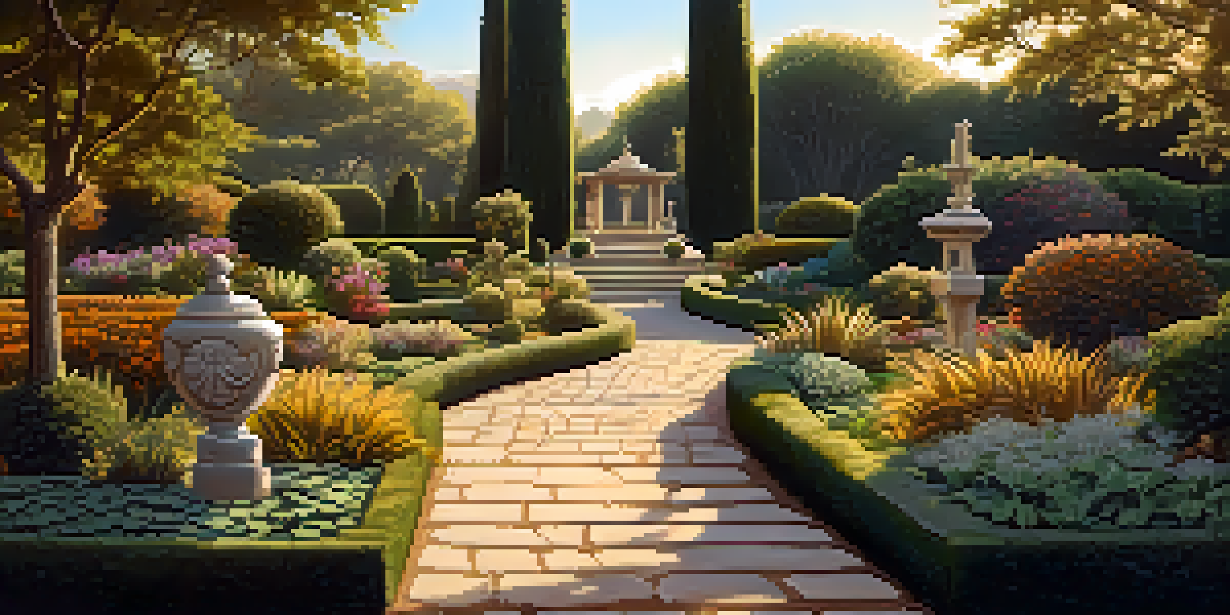 A tranquil garden with native plants and detailed stone sculptures, illuminated by golden sunlight, featuring winding pebble pathways.