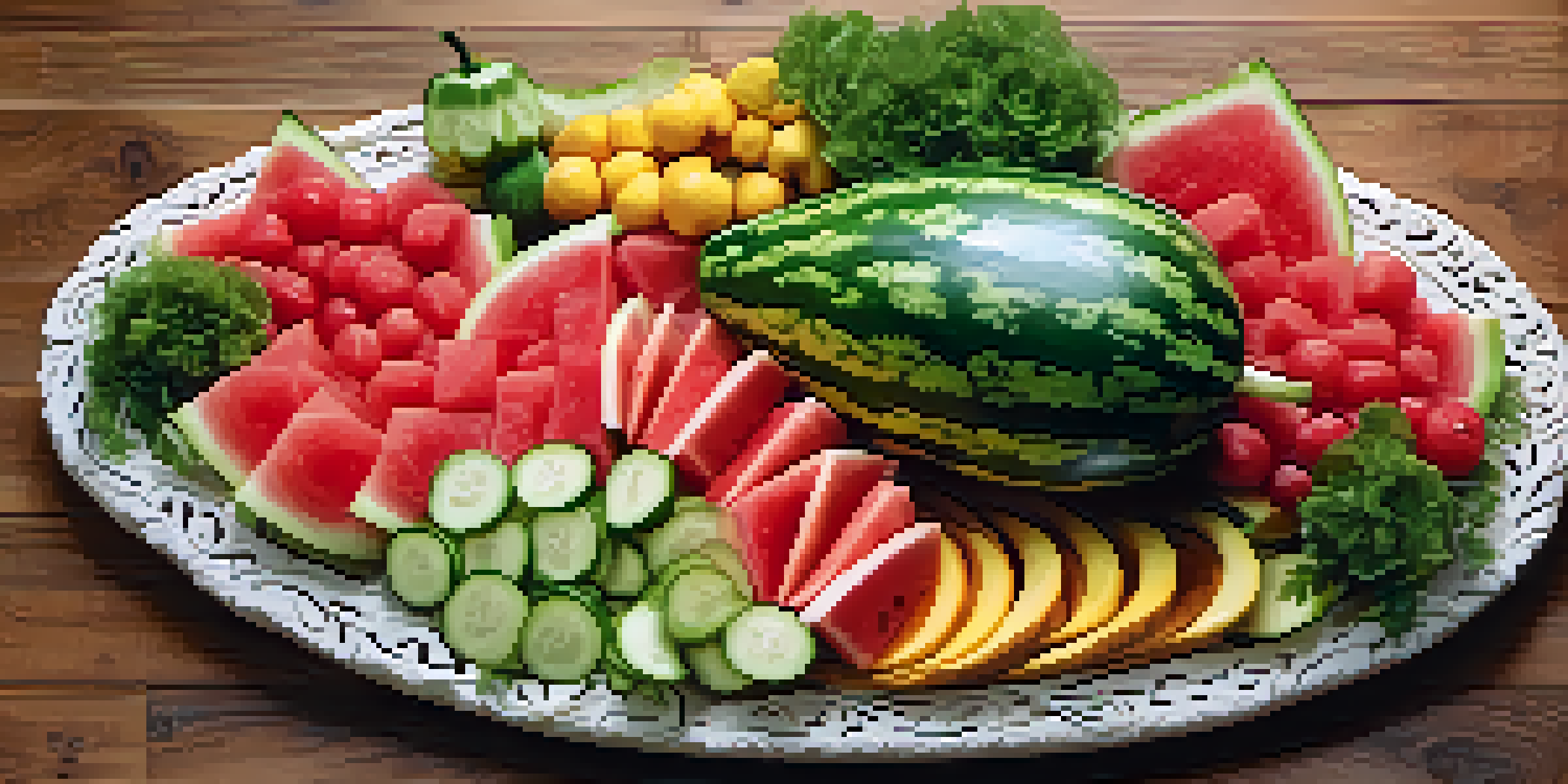 A colorful platter showcasing a carved watermelon fish surrounded by decorative cucumber ribbons and radish roses on a wooden table.