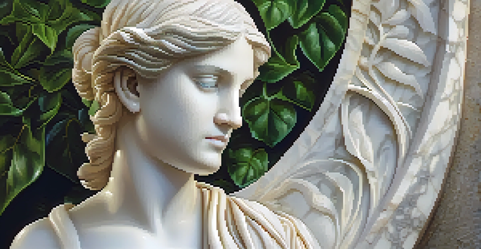 Close-up of a marble sculpture with intricate details and natural light highlighting its texture, surrounded by blurred green foliage.