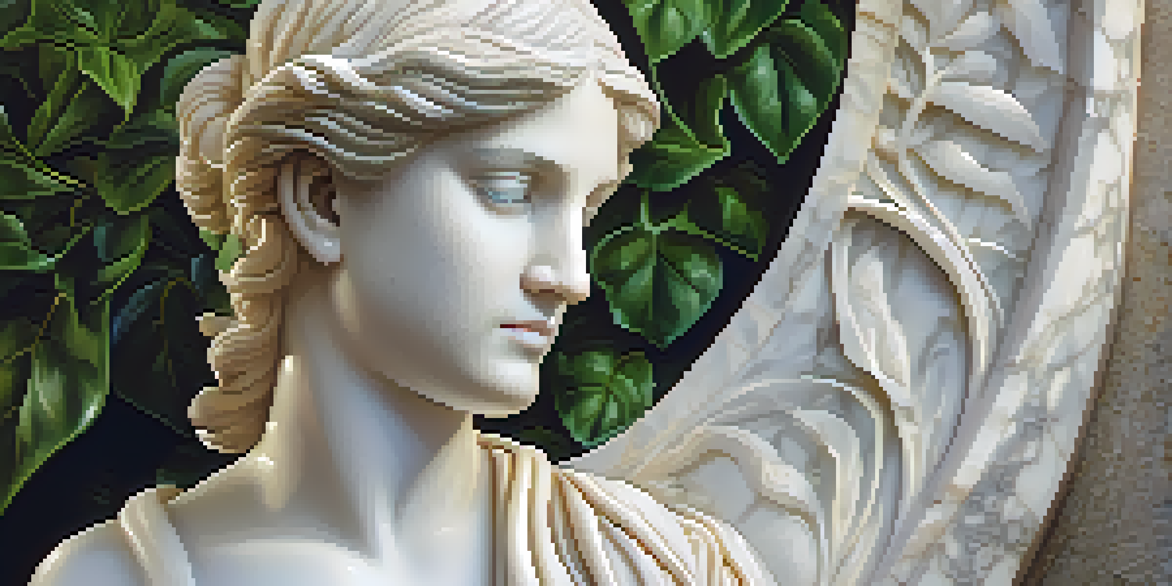 Close-up of a marble sculpture with intricate details and natural light highlighting its texture, surrounded by blurred green foliage.