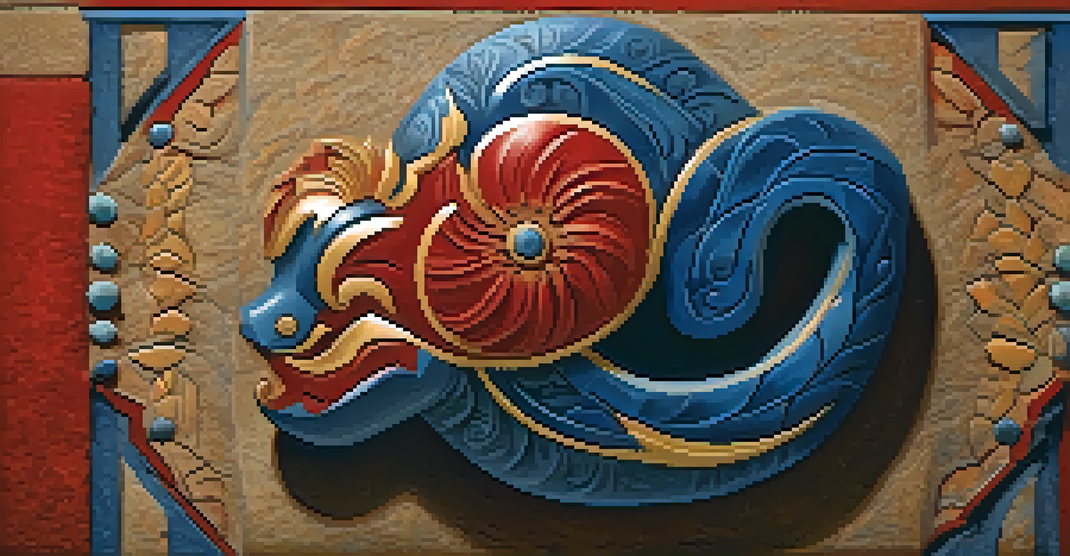 A colorful stone carving depicting a cultural scene, set against a textured stone background.