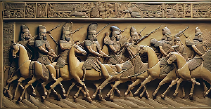 A carved relief depicting a king in battle with mythical creatures, showcasing intricate details and textures.