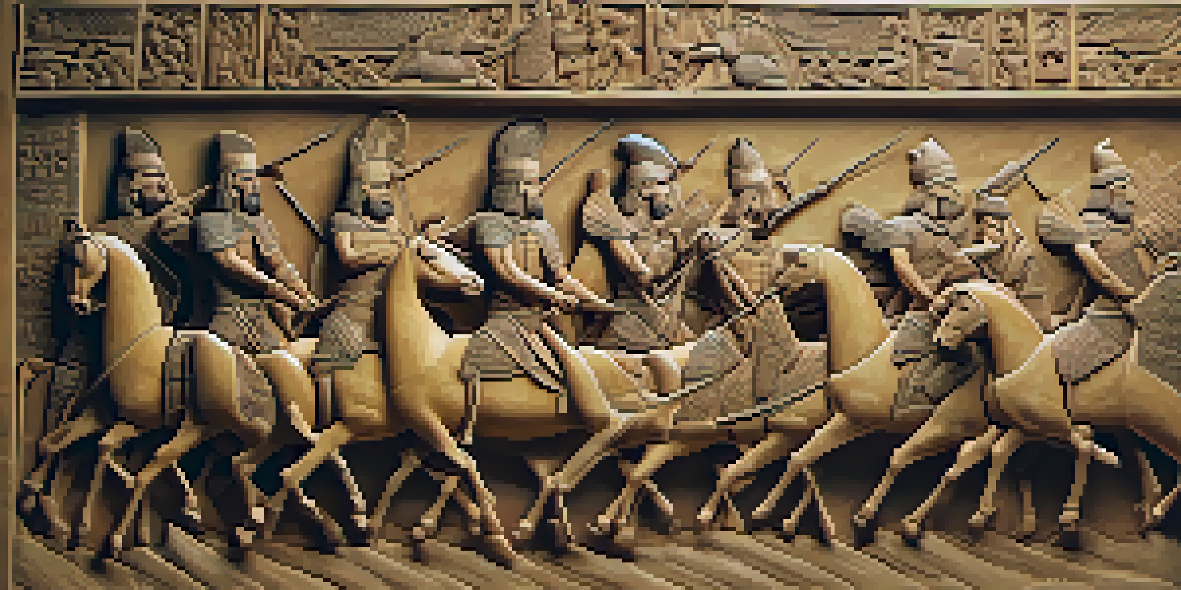 A carved relief depicting a king in battle with mythical creatures, showcasing intricate details and textures.