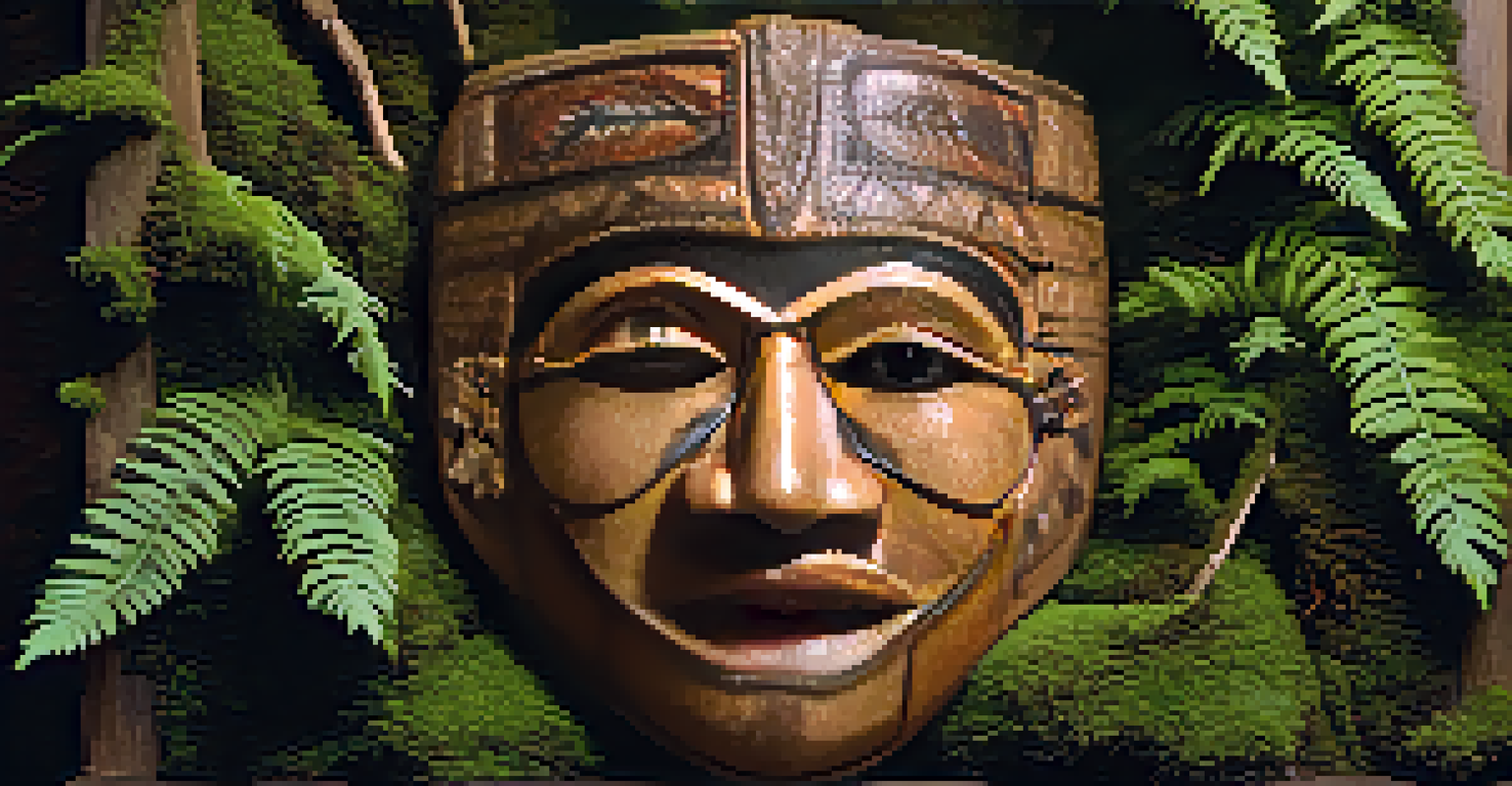 A close-up of a carved ceremonial mask from cedar wood, showcasing intricate designs and set against a natural backdrop.