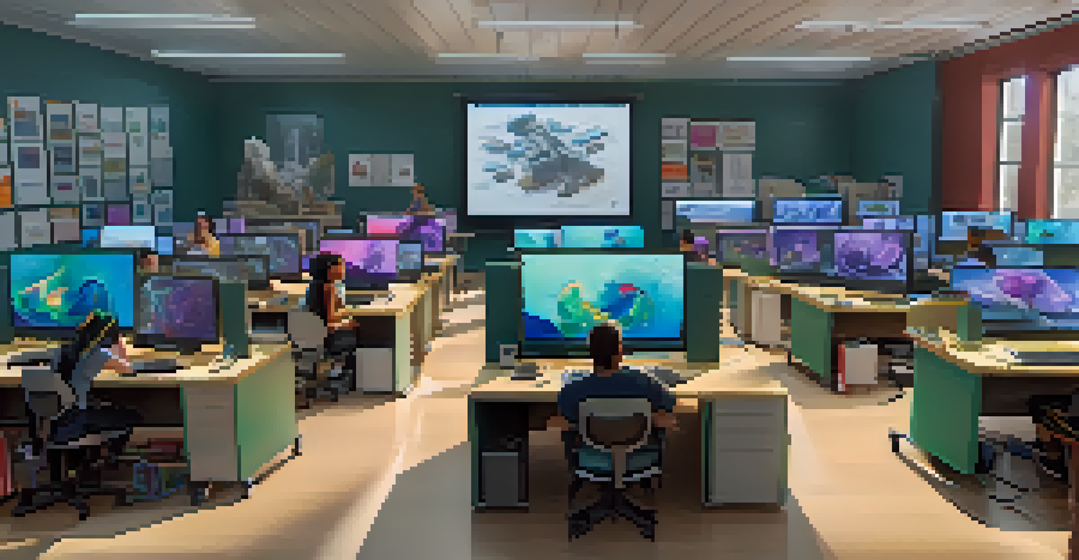 A classroom filled with students learning digital sculpting techniques, with computers and colorful art supplies around.