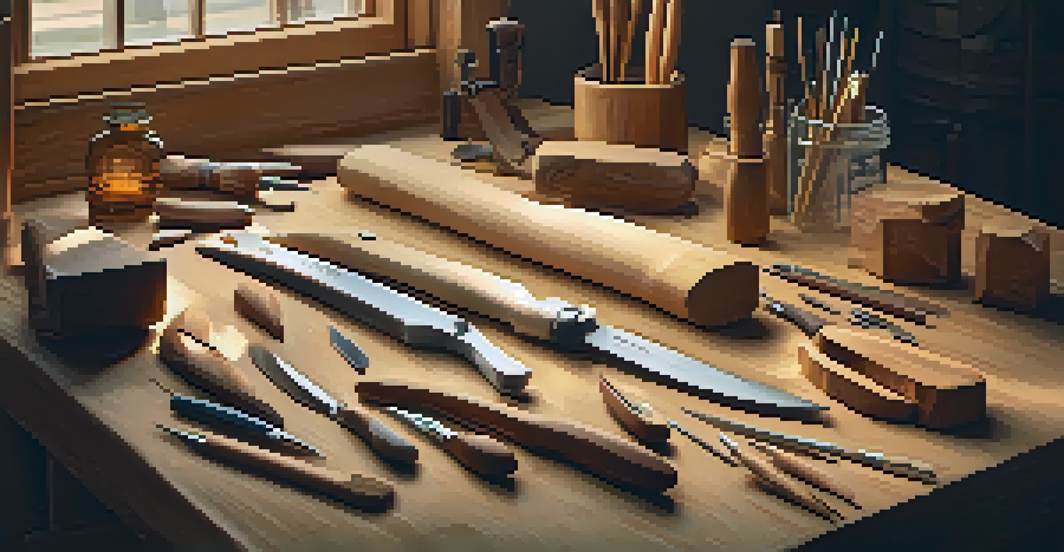 A workspace displaying wood carving tools, a wooden block, and safety gear, illuminated by warm lighting.