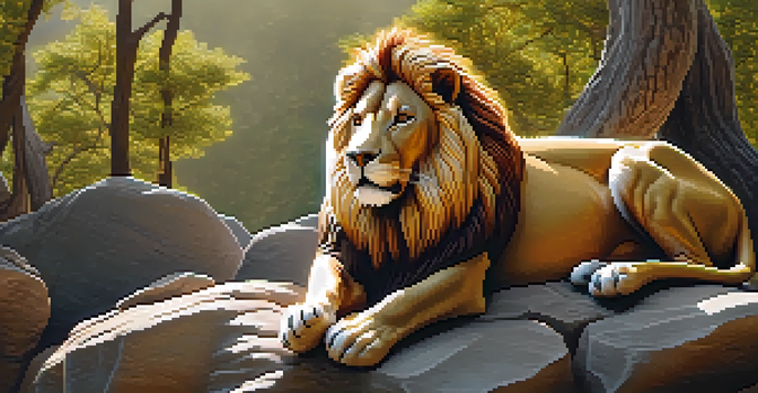 A lifelike sculpture of a lion made from synthetic materials, displayed on a rocky base with warm colors and dramatic lighting.