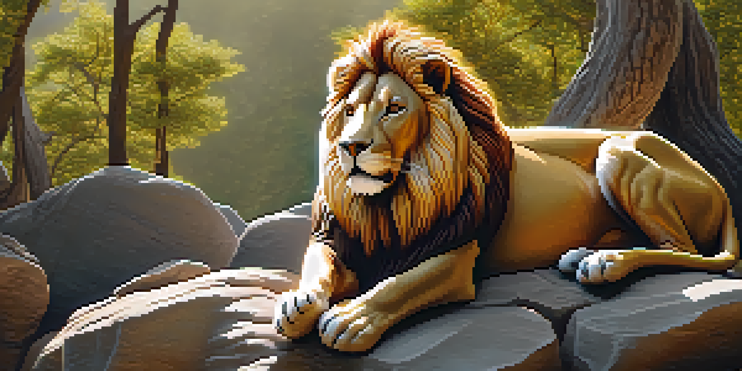 A lifelike sculpture of a lion made from synthetic materials, displayed on a rocky base with warm colors and dramatic lighting.