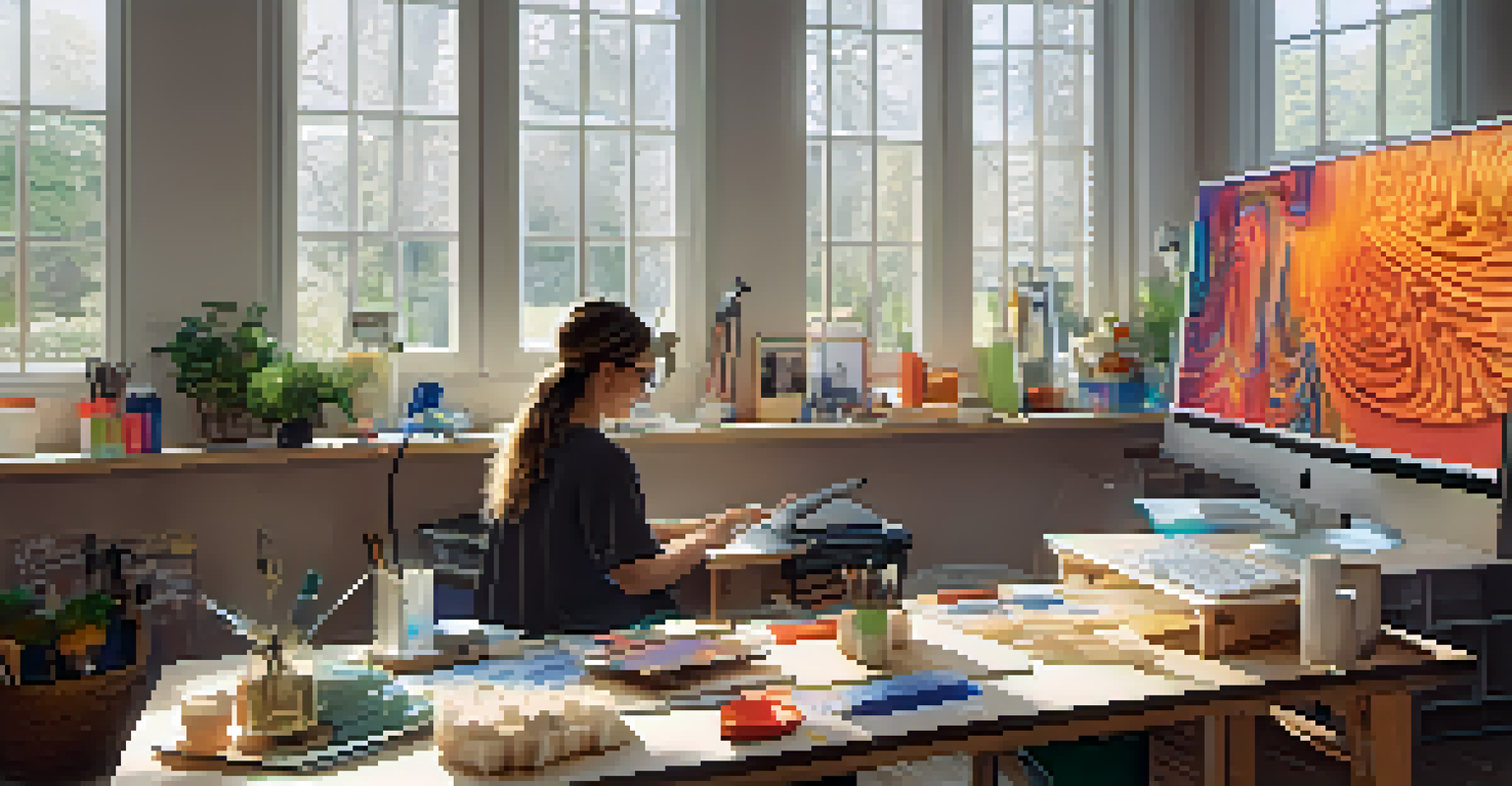 An artist designing a 3D model on a computer in a creative workspace filled with tools.