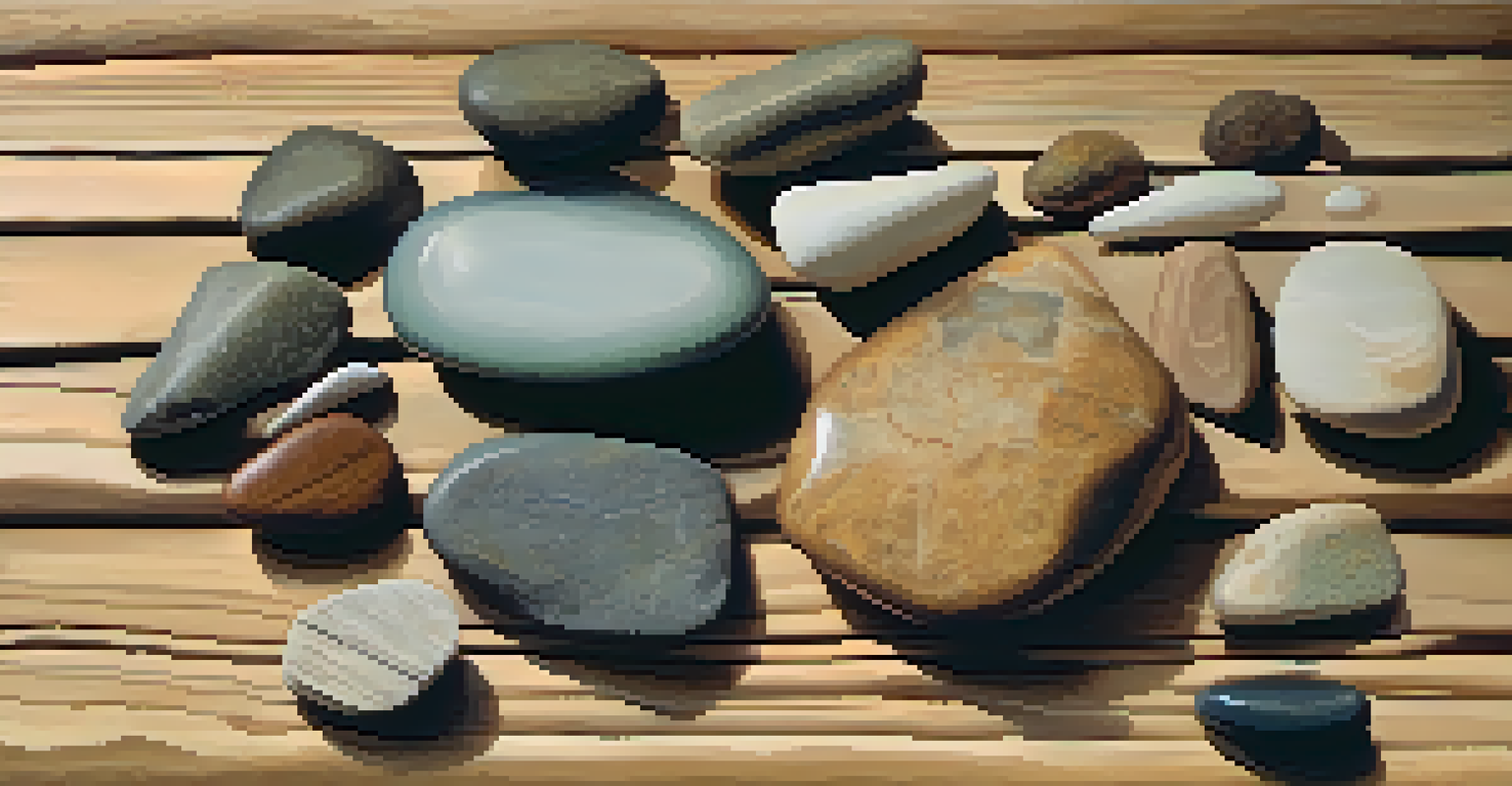 A close-up view of polished stones and driftwood artfully arranged on a wooden surface, showcasing earthy colors and textures under soft natural light.