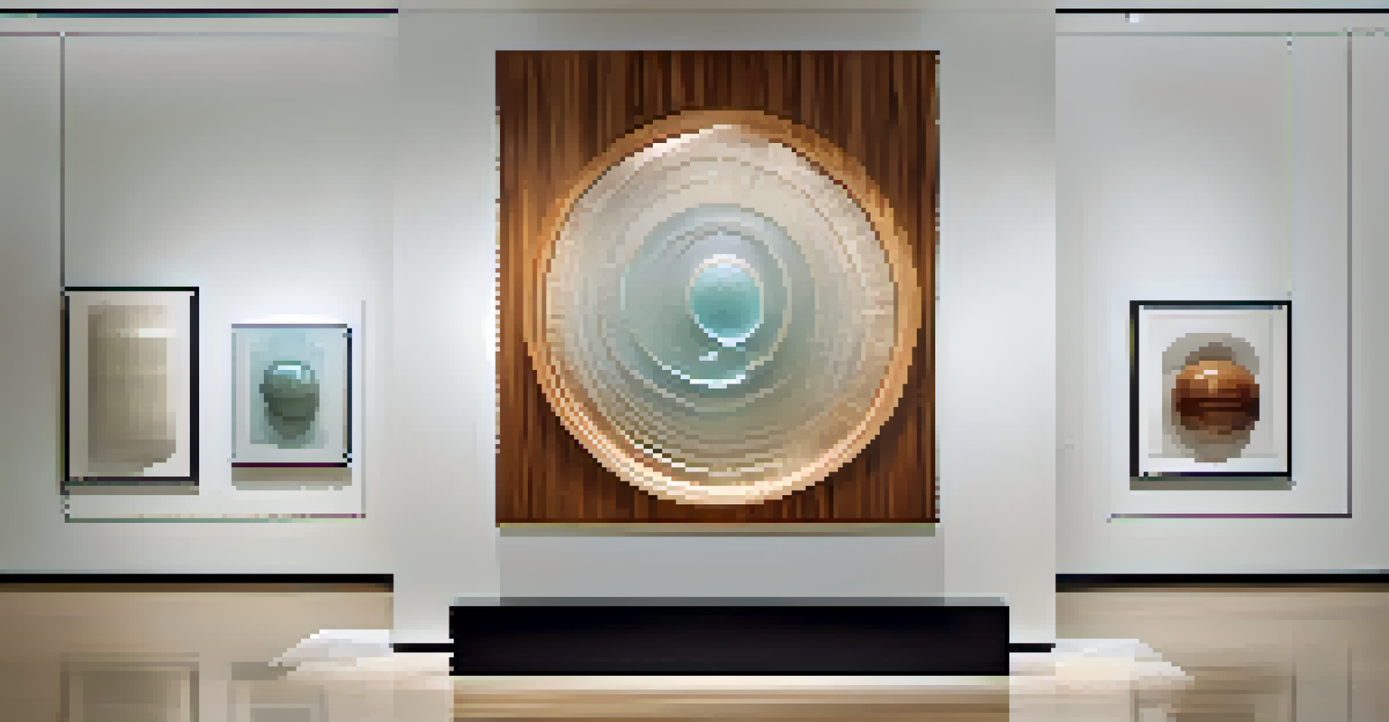 A modern sculpture combining glass and carved wood in a minimalist gallery, highlighting the contrast between textures.