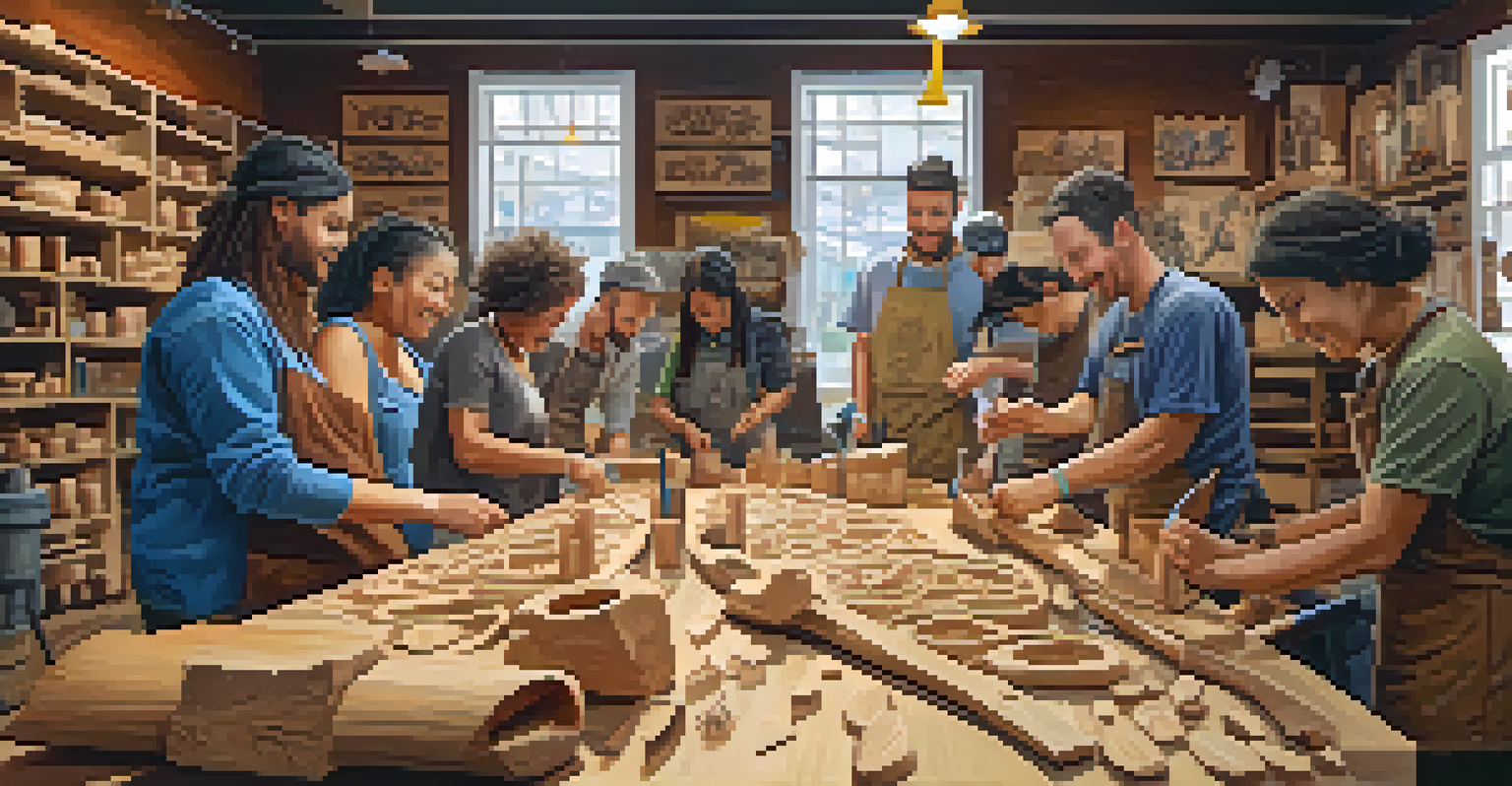 A lively community carving workshop with diverse individuals engaged in sharing techniques and showcasing their artwork.