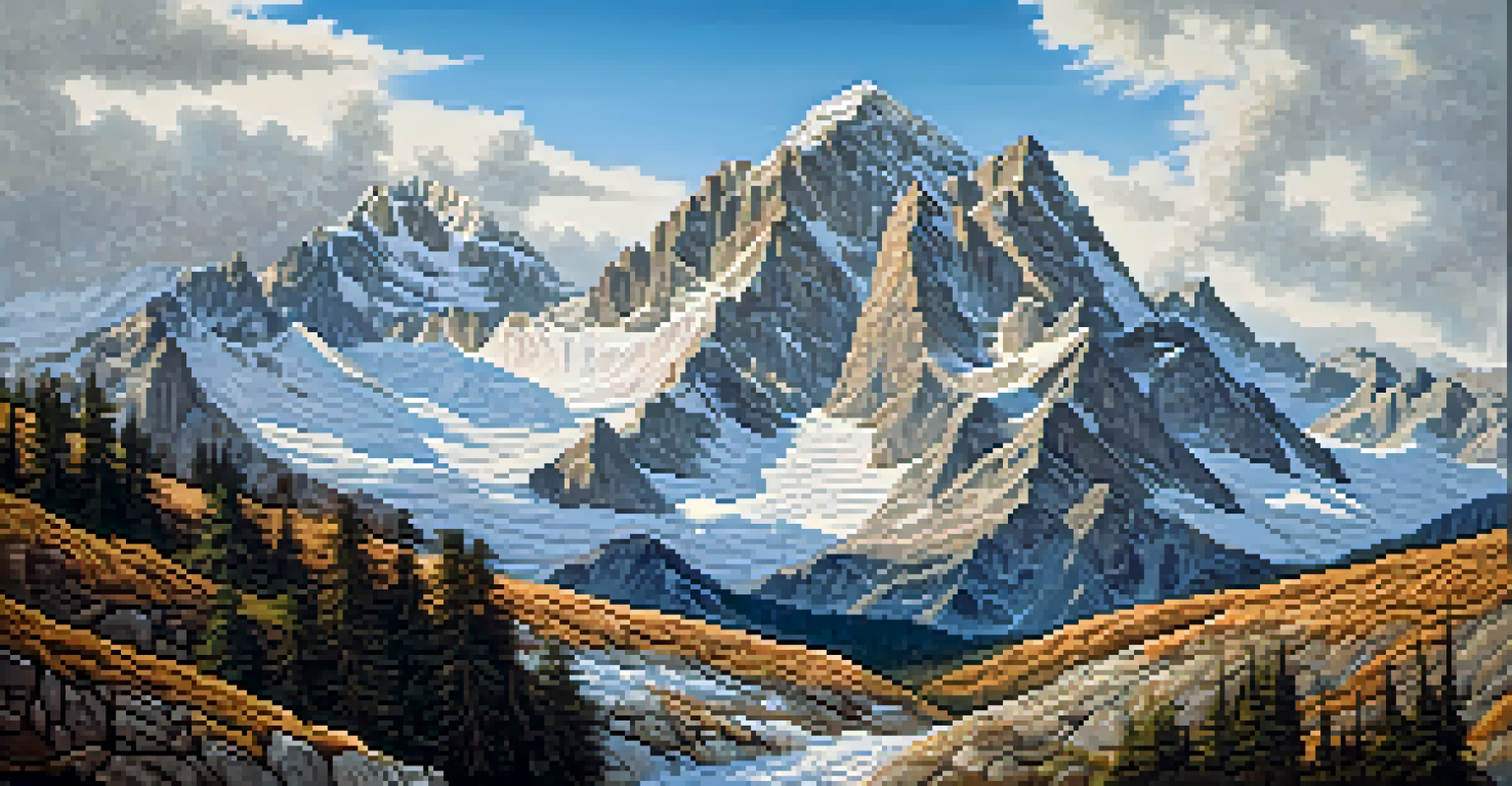 A detailed carving of a mountain range with snow-capped peaks against a blue sky.