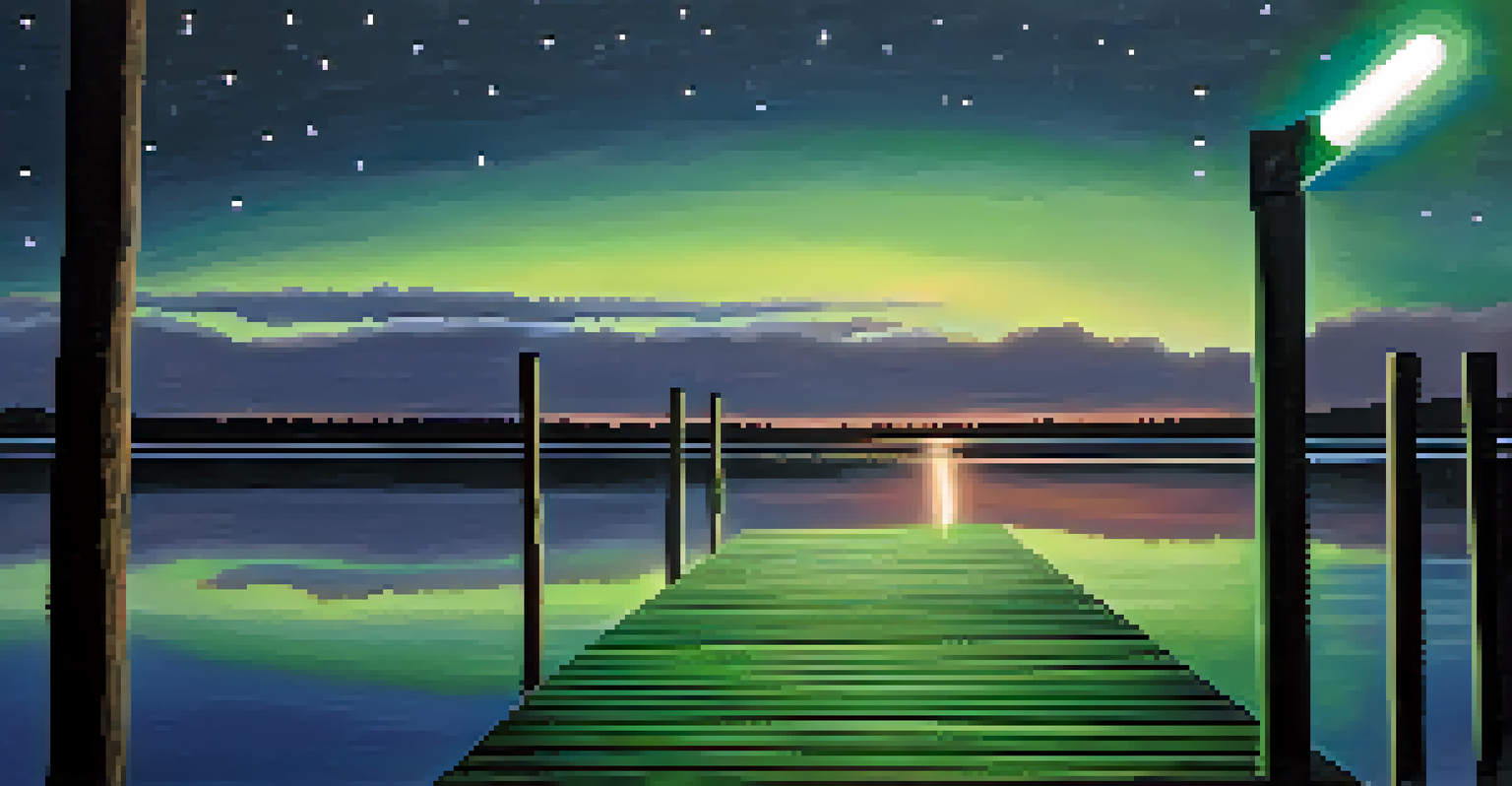 A glowing green light at the end of a dock, reflecting in calm water under a twilight sky filled with stars.