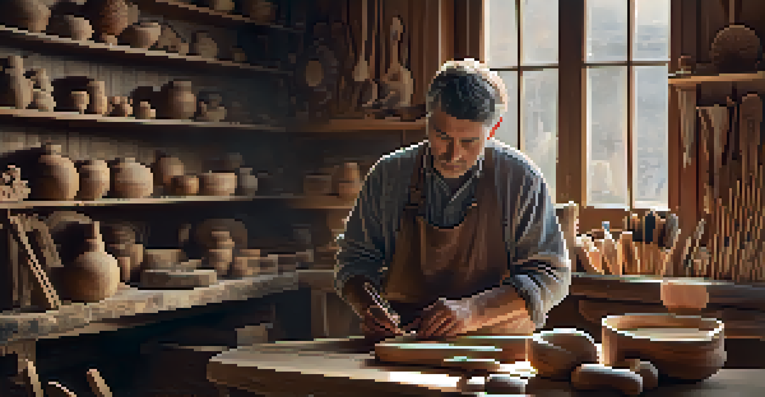 An artisan carving wood in a studio, surrounded by handmade wooden items.