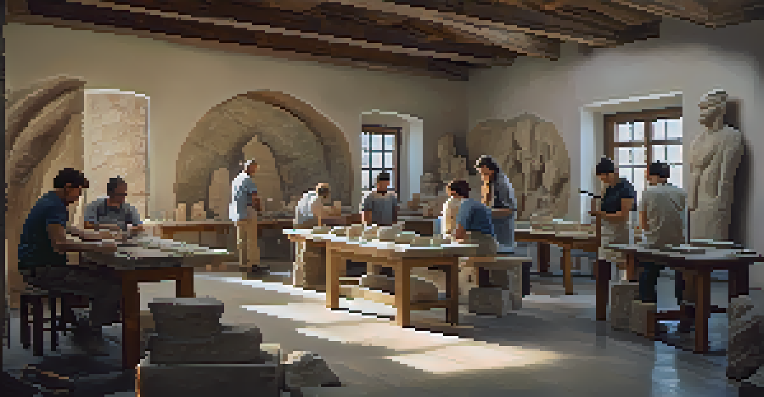 A skilled artisan teaching stone carving techniques in a warm workshop, with students practicing and various tools around.