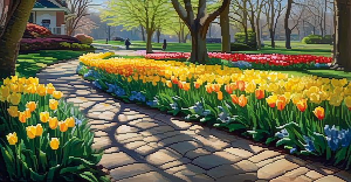 A vibrant spring garden filled with blooming flowers and lush greenery, under a bright blue sky.