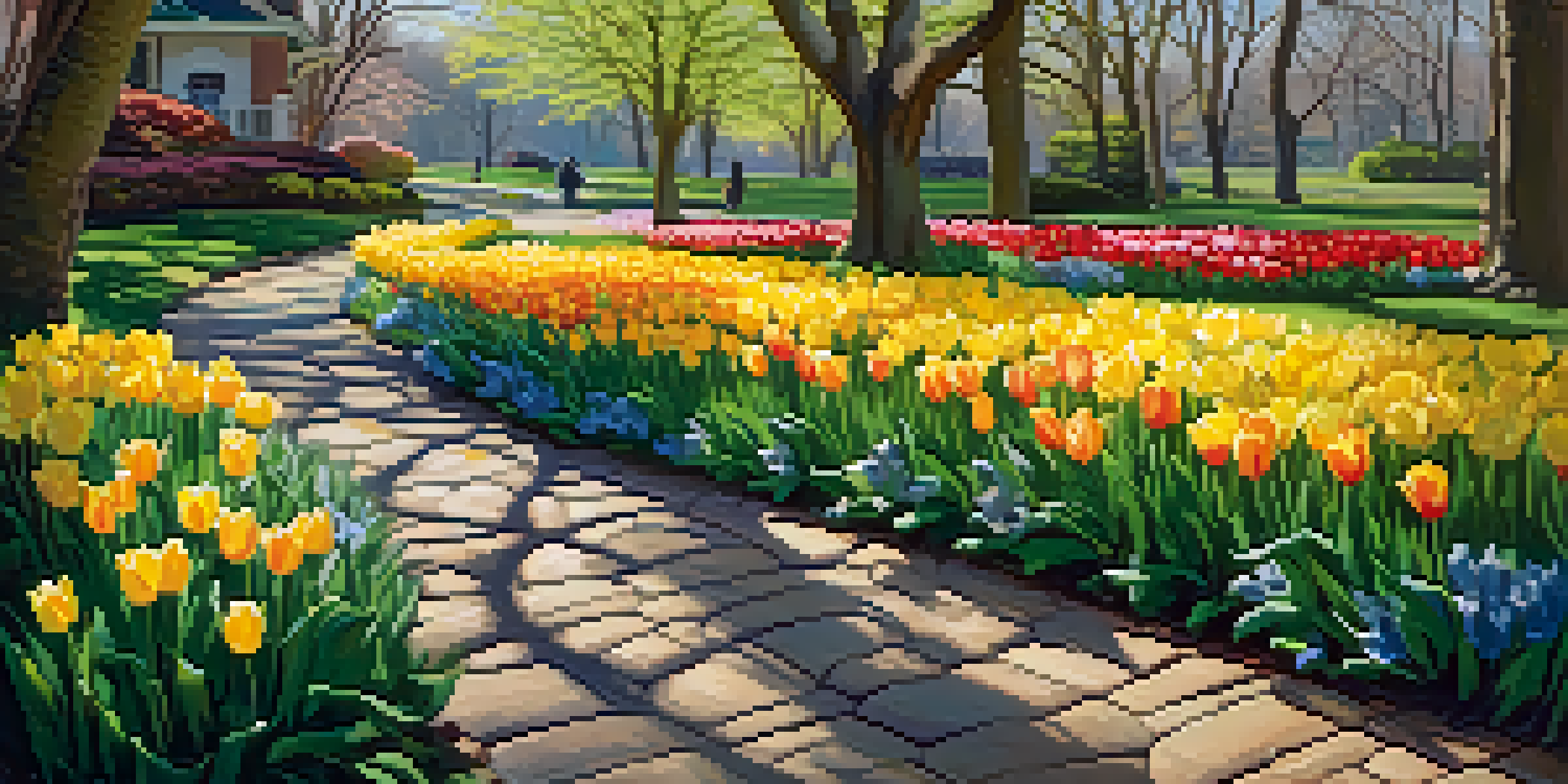 A vibrant spring garden filled with blooming flowers and lush greenery, under a bright blue sky.