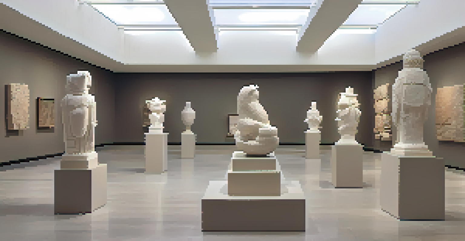 A gallery showcasing diverse stone sculptures with soft lighting and neutral walls.