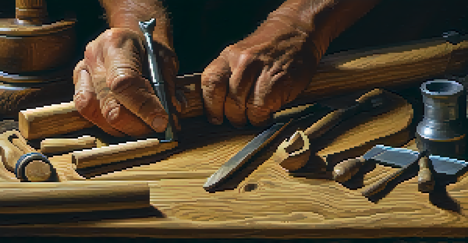 An artisan's hands carving wood, with traditional tools and fine wood shavings around, showcasing the craftsmanship.