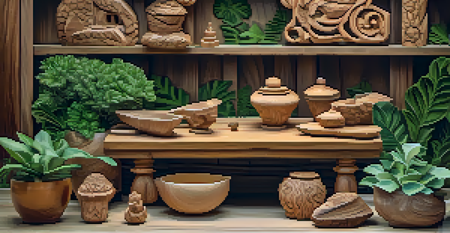 An array of finished wood carvings on a rustic table, surrounded by greenery.