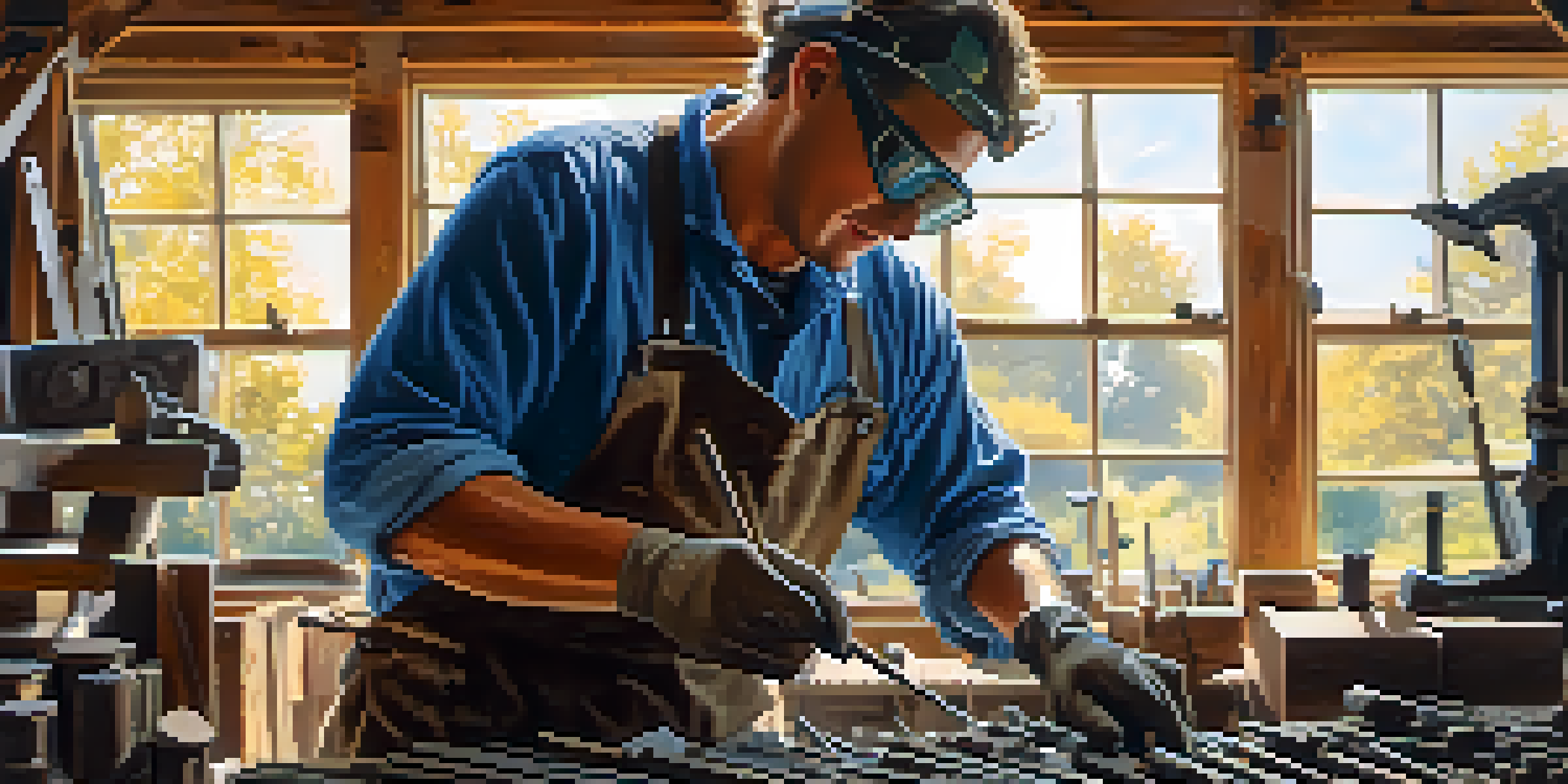 An artist working on a metal sculpture in a sunny workshop, with tools around and sunlight illuminating the workspace.