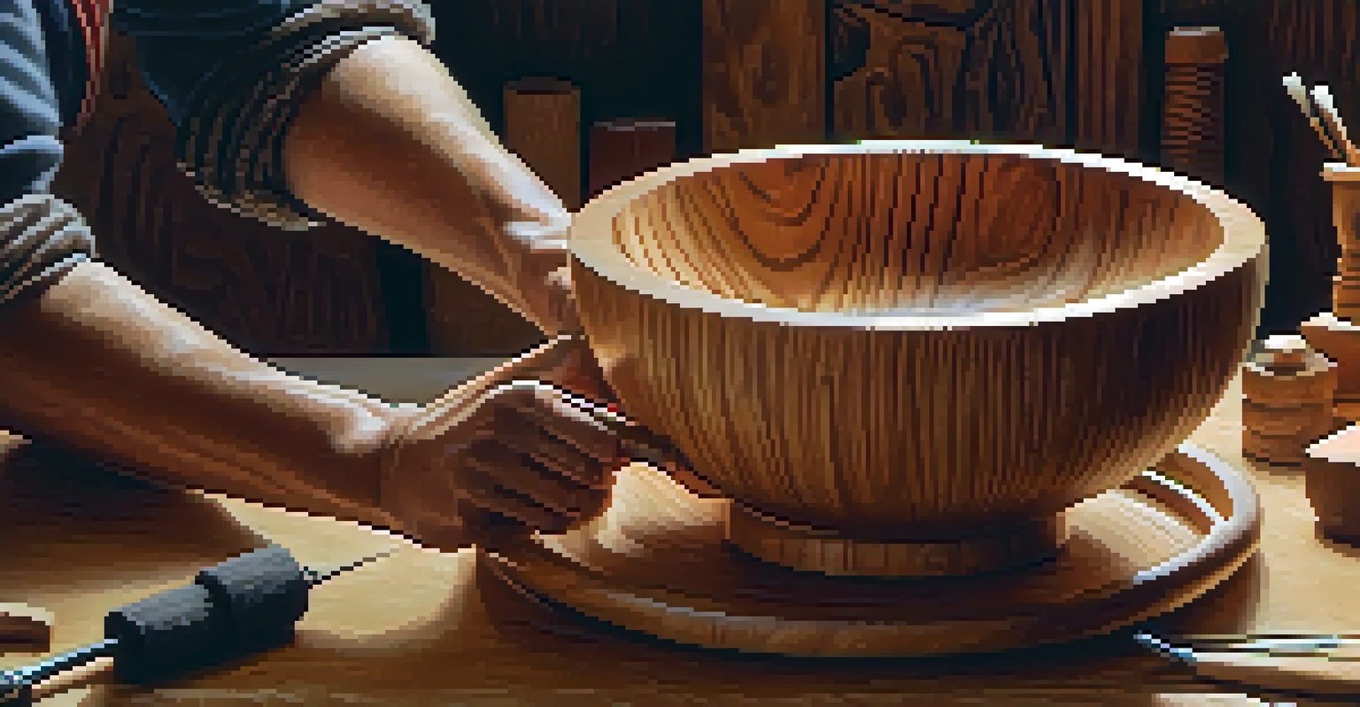 Close-up of hands carving a wooden bowl, showcasing the texture of the wood and tools.