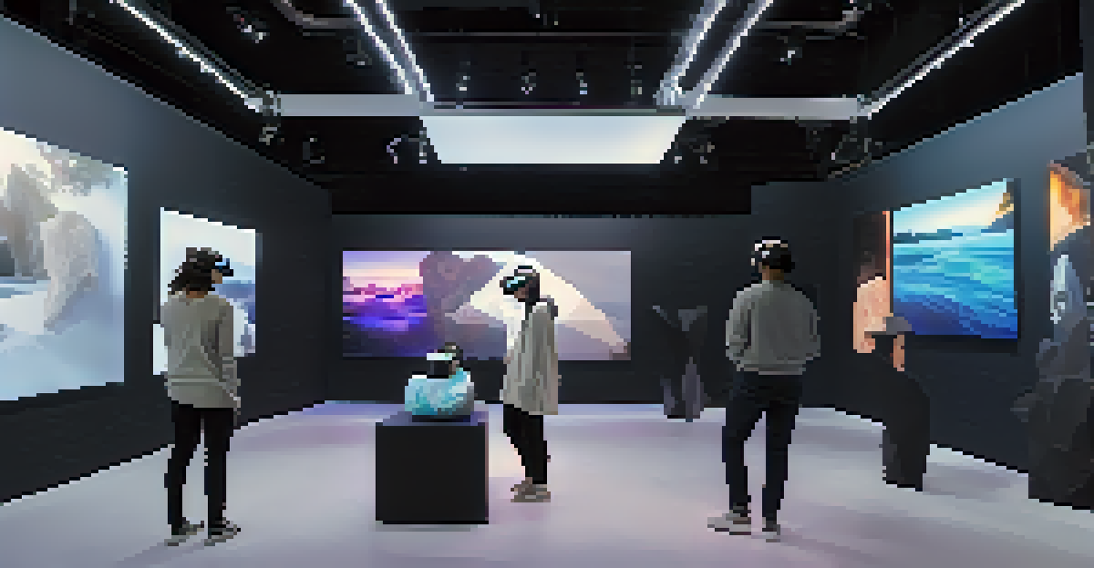 A gallery with visitors wearing VR headsets, interacting with digital elements around physical sculptures in a softly lit environment.