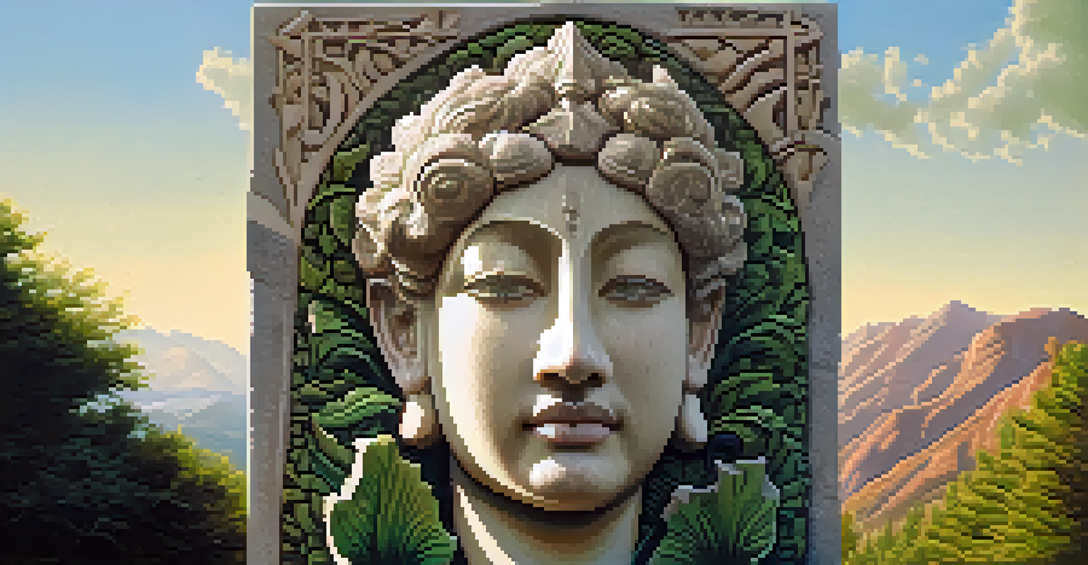 An intricately carved stone piece depicting a mythological figure, set against a mountain and tree backdrop.