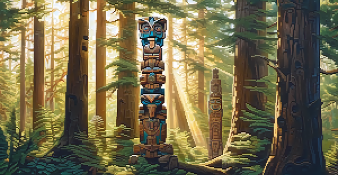 An intricately carved wooden totem pole with animal figures and symbols, surrounded by trees and sunlight filtering through the leaves.