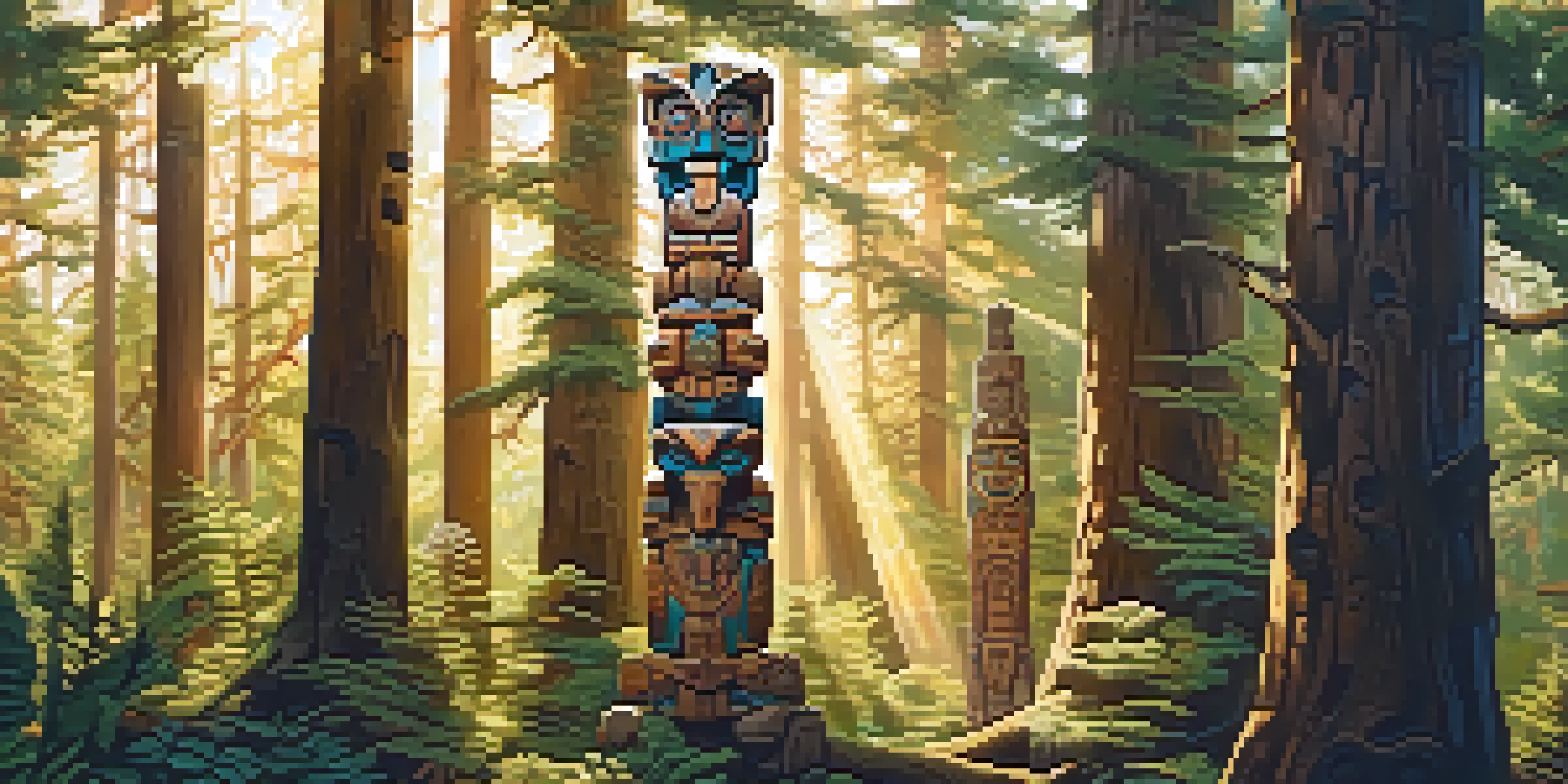 An intricately carved wooden totem pole with animal figures and symbols, surrounded by trees and sunlight filtering through the leaves.