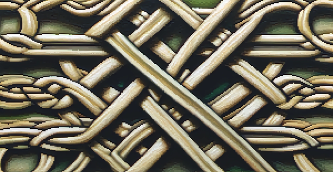 A detailed close-up of a Celtic knot design with interwoven lines and a textured surface, set against a blurred natural background.