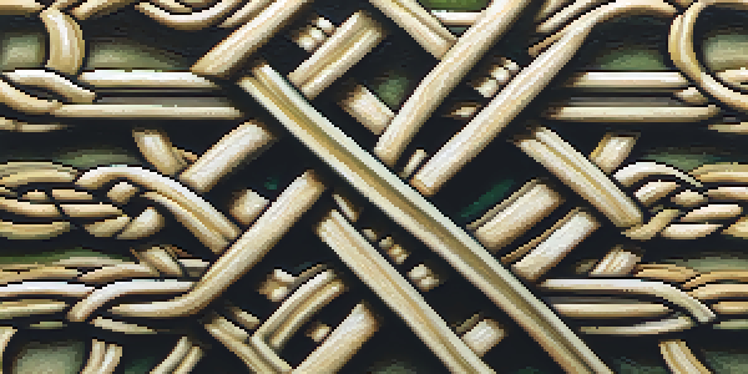 A detailed close-up of a Celtic knot design with interwoven lines and a textured surface, set against a blurred natural background.