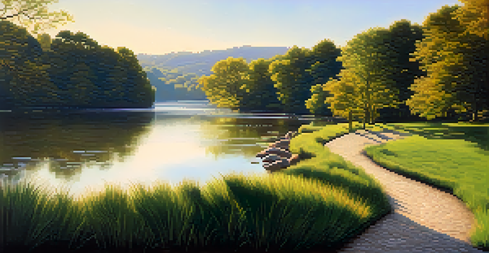 A tranquil river landscape with green trees and golden sunlight creating a warm atmosphere.