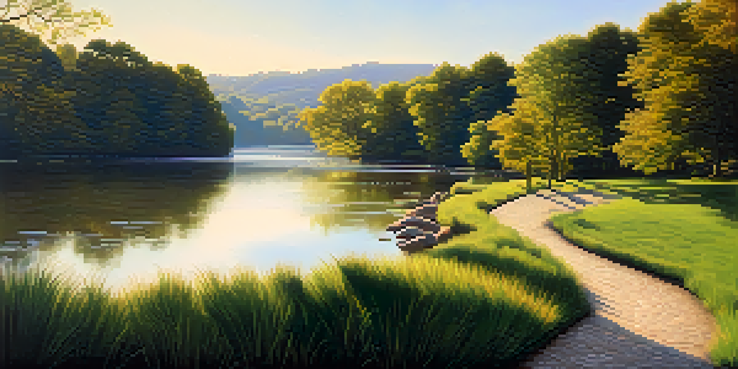 A tranquil river landscape with green trees and golden sunlight creating a warm atmosphere.