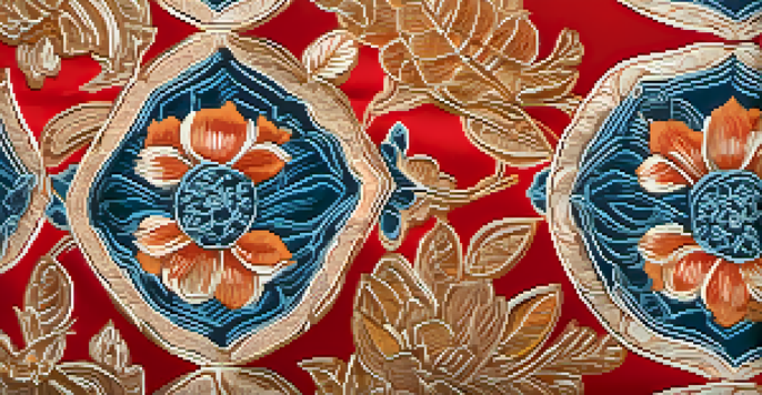 A detailed view of colorful floral woodblock printing on fabric, highlighting the intricate patterns and textures under natural light.