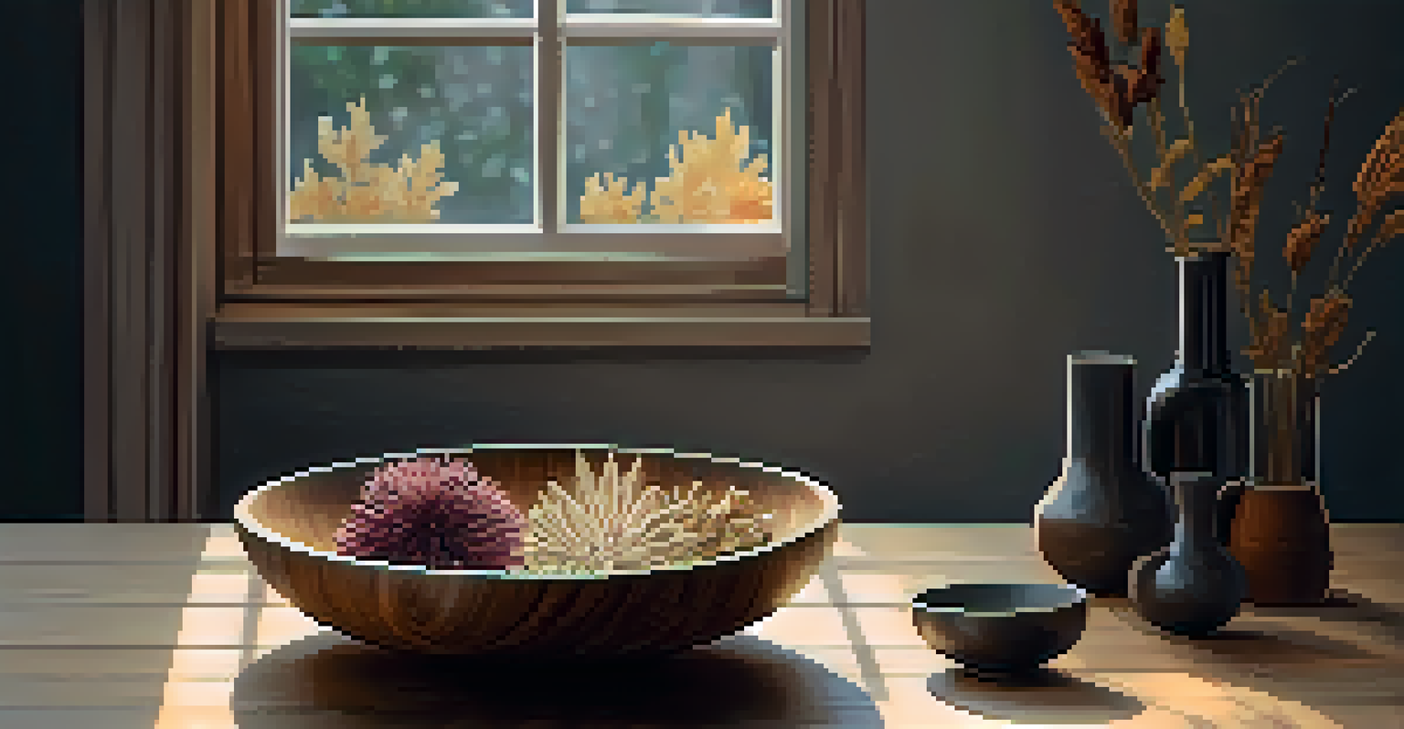 A minimalist home interior with a carved wooden bowl on a rustic table, filled with dried flowers and leaves.