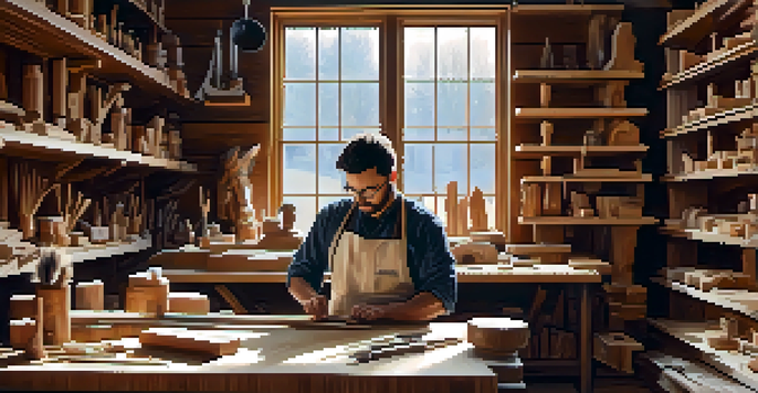 An artist focused on carving reclaimed wood in a bright workshop filled with tools and finished pieces.