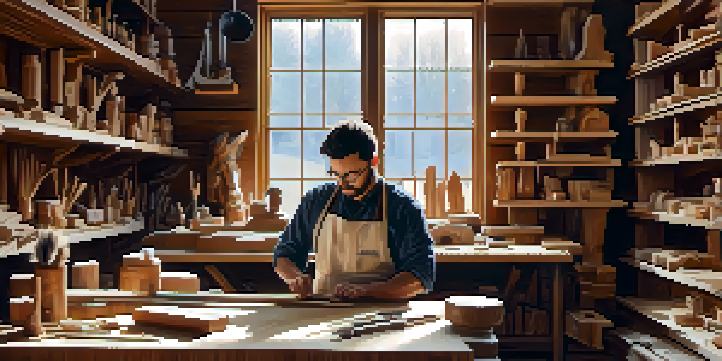 An artist focused on carving reclaimed wood in a bright workshop filled with tools and finished pieces.