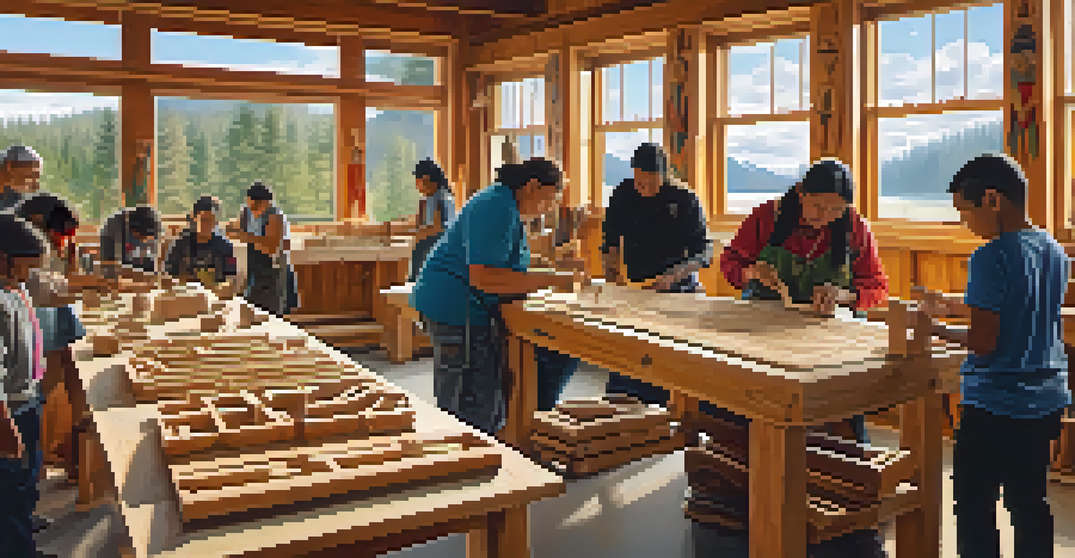 A community workshop with Indigenous artists of different ages carving wood, sharing stories and techniques in a brightly lit room.