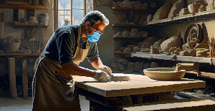 An artist carving a stone sculpture, wearing an apron and dust mask, in a warmly lit workshop.