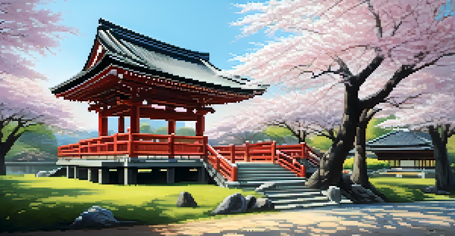 A traditional Japanese Shinto shrine with intricate wooden carvings, surrounded by cherry blossom trees and illuminated by sunlight.