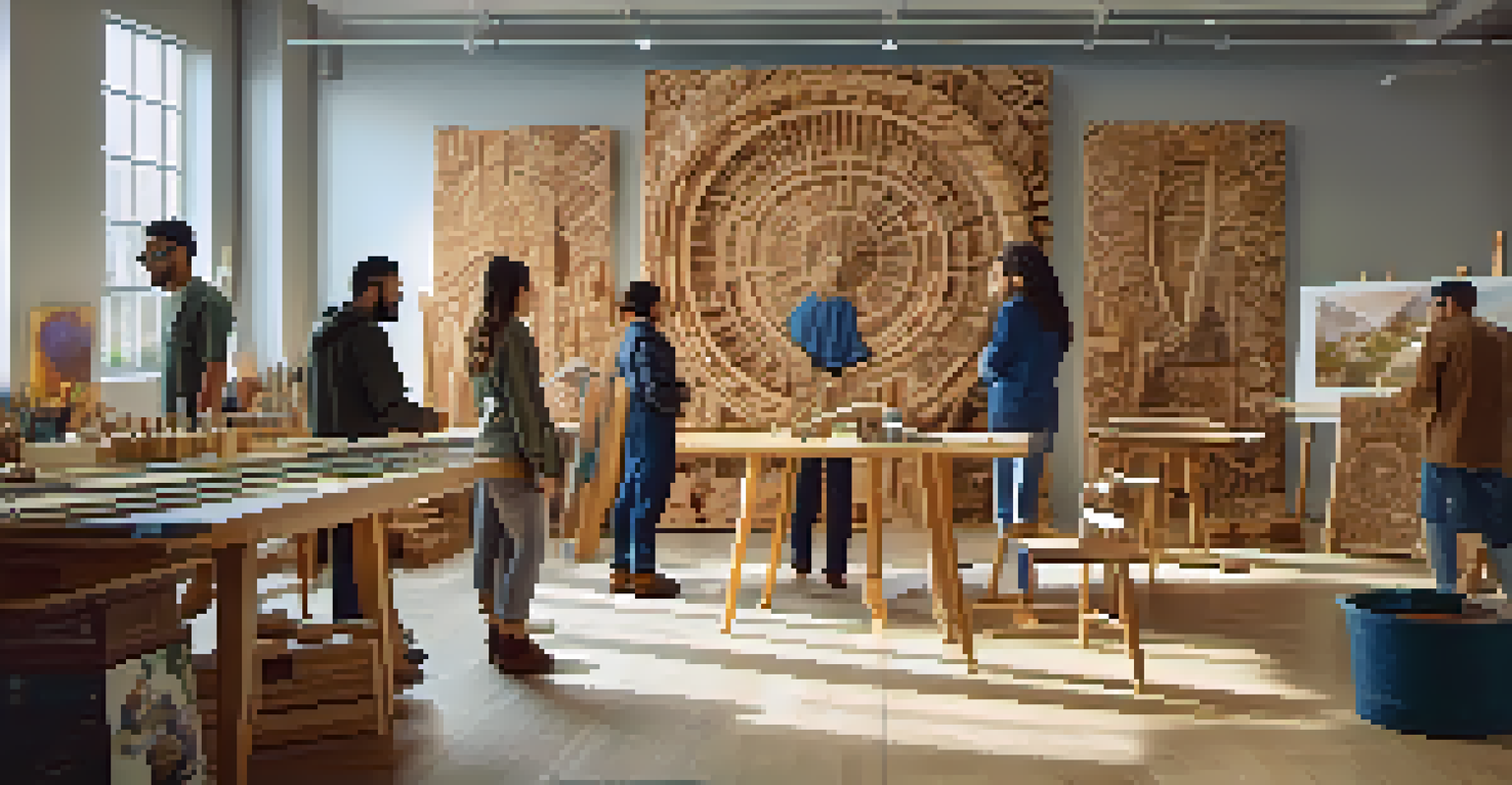 An artist in a studio using augmented reality glasses to visualize a carving project, surrounded by wood pieces and vibrant digital design overlays.