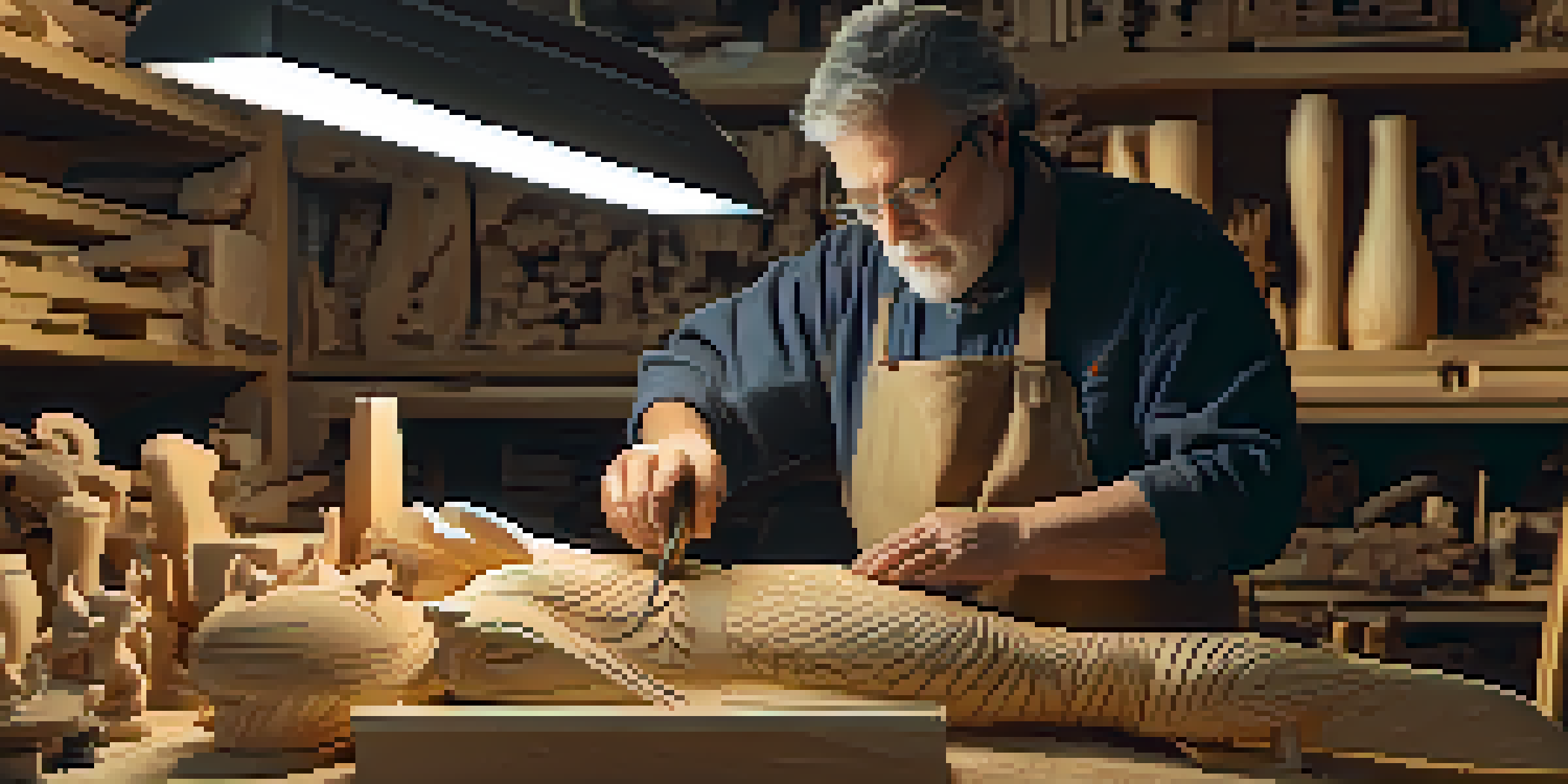A conservator working on a wooden sculpture in a workshop, showcasing the details of the carving process with tools and wood shavings around.