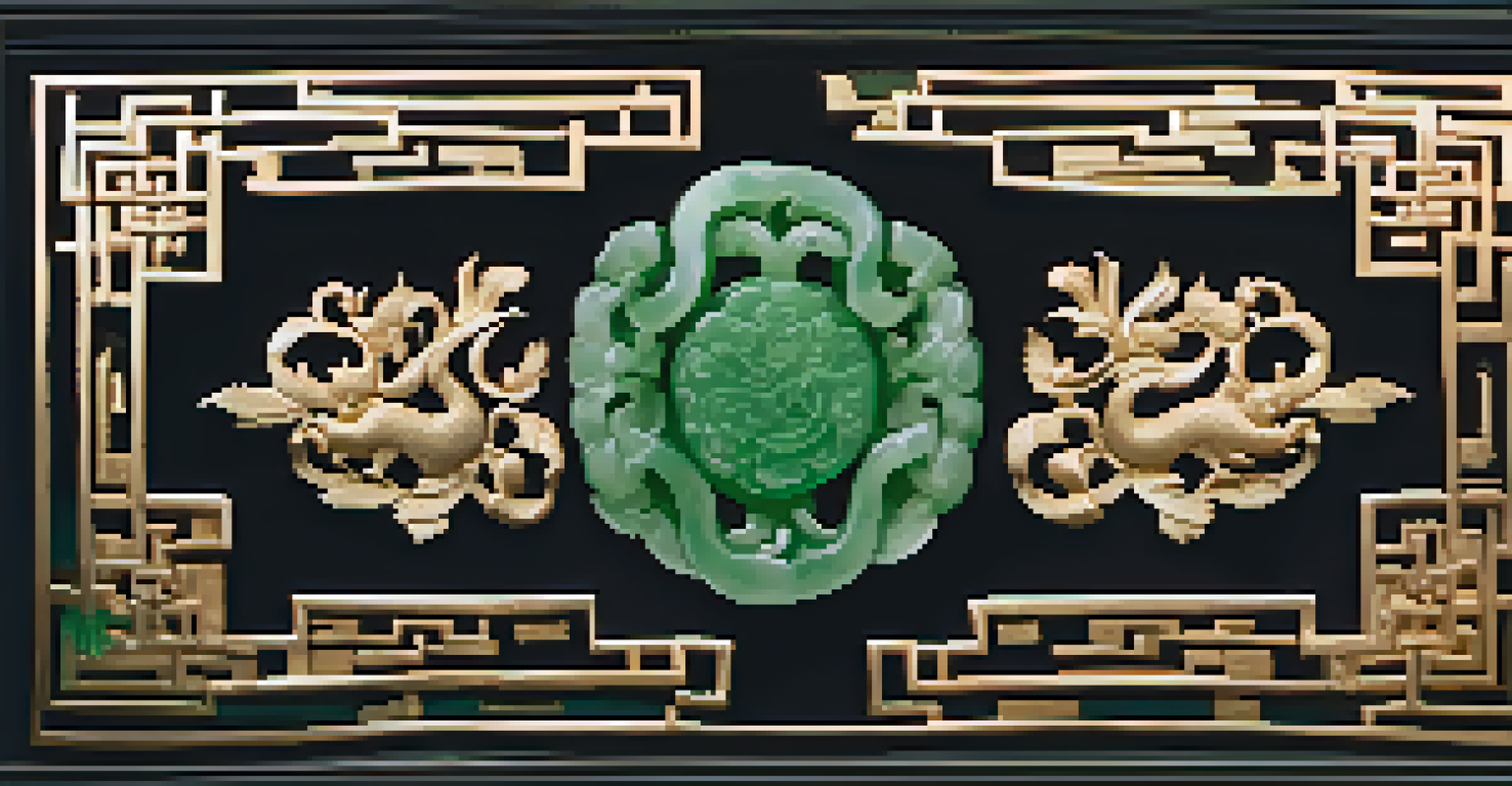 An elegant jade carving with intricate designs displayed on a dark velvet cloth, showcasing its shine and detail.