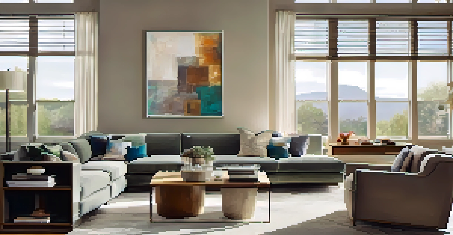 A contemporary living room with a large abstract painting, a cozy sofa, and bright natural light coming through the windows.
