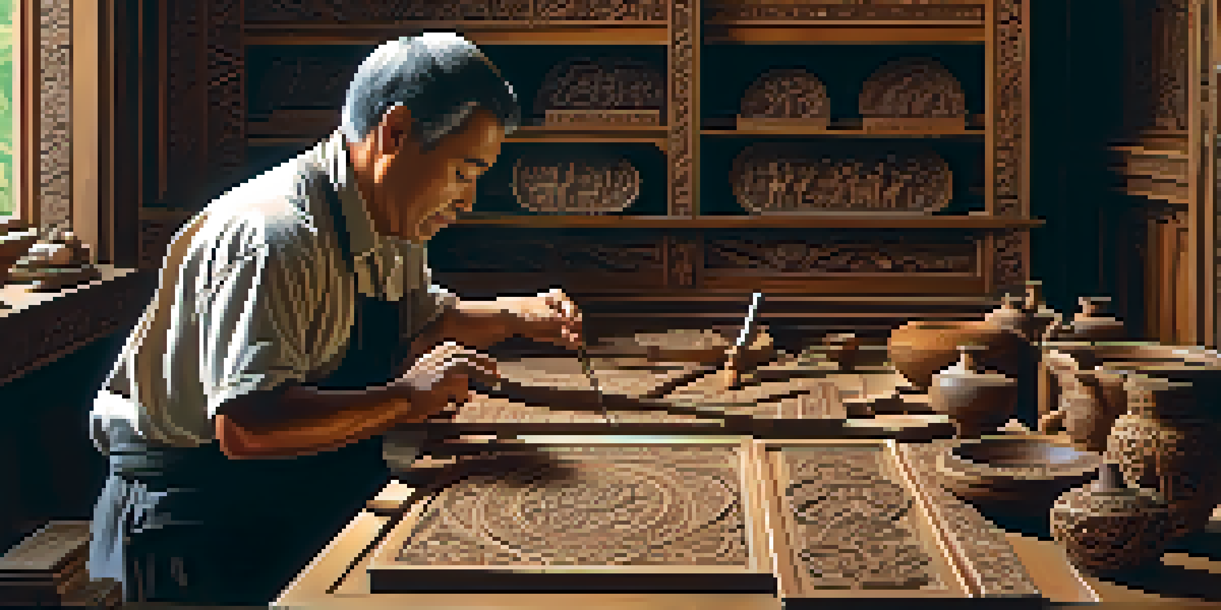 An artisan carving intricate patterns into wood, with tools and finished sculptures in the background, illuminated by soft window light.