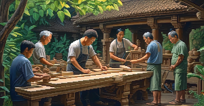 A workshop scene showing artisans working on ceremonial carvings with tools and greenery around them.