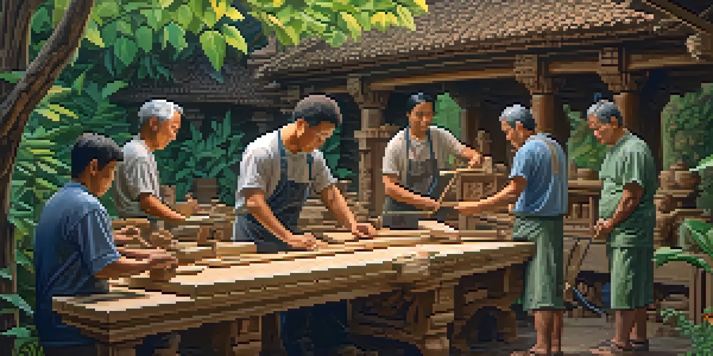 A workshop scene showing artisans working on ceremonial carvings with tools and greenery around them.